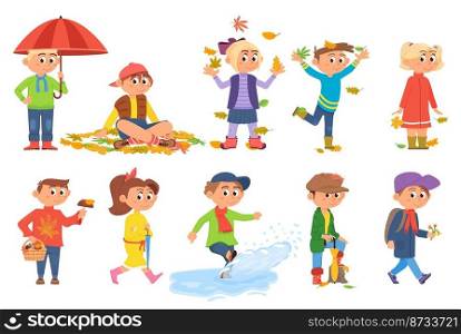 Kids in autumn. Outdoor children fall activity. Child gathering leaves, play in puddle and leaf pile. Carefree kid in raining weather, childhood vector kit illustration of children activity autumn. Kids in autumn. Outdoor children fall activity. Child gathering leaves, play in puddle and leaf pile. Carefree kid in raining weather, childhood decent vector kit