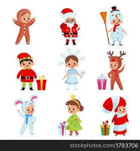 Kids in christmas costumes. Xmas cartoon children, new year holiday characters, animals and fairy-tale heroes, santa, deer and elf. Gingerbread cookie, festive tree and snowman. Vector isolated set. Kids in christmas costumes. Xmas cartoon children, new year holiday characters, animals and fairy-tale heroes, santa, deer and elf. Gingerbread cookie, festive tree and snowman vector set