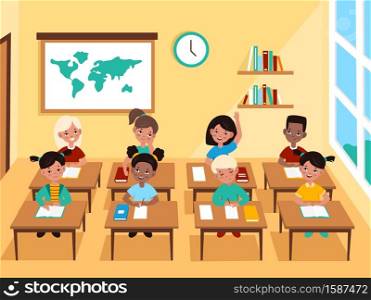 Kids in classroom. Multicultural pupils boys and girls sit at desks in lesson primary learning, children study subject, write and answer questions in school class interior cartoon vector flat concept. Kids in classroom. Multicultural pupils boys and girls sit at desks in lesson primary learning, children study subject and answer questions in school class interior cartoon vector concept