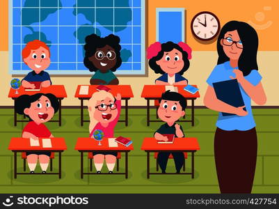 Kids in classroom. Cartoon children in school studying reading and ...