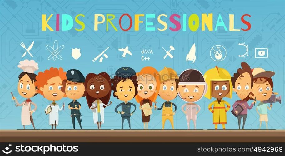Kids in Costumes Of Professionals Cartoon Composition. Flat cartoon composition with group of children wearing in costumes of professionals and icons indicating earch profession vector illustration