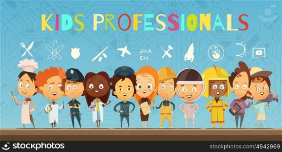 Kids in Costumes Of Professionals Cartoon Composition. Flat cartoon composition with group of children wearing in costumes of professionals and icons indicating earch profession vector illustration