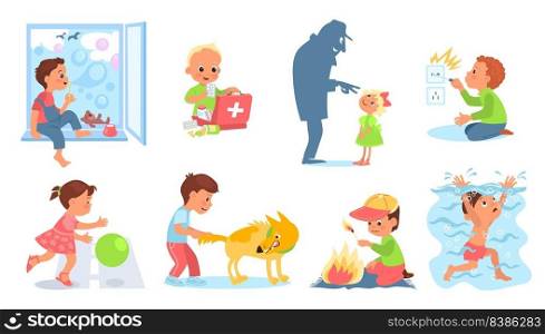 Kids in dangerous situation. Children play with sharp, hot and poisoned objects. Danger to life and health. Risk baby. Drowning boys. Girls careless cross road. Hazard actions. Splendid vector set. Kids in dangerous situation. Children play with sharp, hot and poisoned objects. Danger to life and health. Risk baby. Drowning boys. Girls careless cross road. Splendid vector set