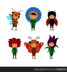 Kids in fancy insect and flower dresses. Vector children character set. Kids in insect and flower dresses