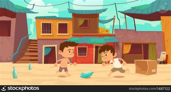 Kids in ghetto playing football with old plastic bottle and carton box. Children play soccer at slum area with huts buildings with curtains and cracked walls. Poor district Cartoon vector illustration. Kids in ghetto play football with bottle and box
