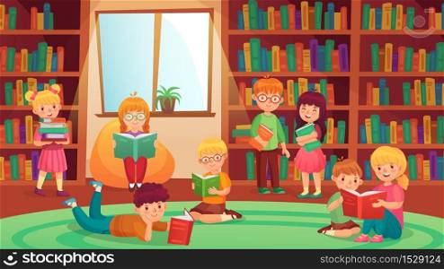 Kids in library reading books. Girls and boys learning, getting knowledge. Young students doing homework, studying. Children bookworms, preschool education, elementary pupils vector illustration. Kids in library reading books. Girls and boys learning, getting knowledge. Young students doing homework