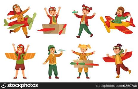 Kids in pilot costumes. Paper toy plane wings, adorable kids play with airplanes toys and child aircraft modeling. Young paper airplane pilot traveler game. Cartoon isolated icons vector set. Kids in pilot costumes. Paper toy plane wings, adorable kids play with airplanes toys and child aircraft modeling vector set