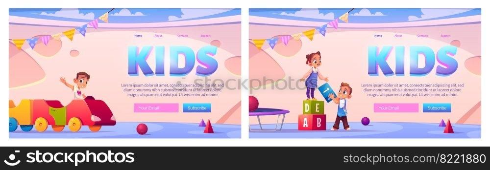 Kids in playroom cartoon landing pages, children have fun in indoors playground with toys, furniture and equipment for games wood train, cubes, tr&oline and balls for baby activity vector web banner. Kids in playroom cartoon landing, baby activity