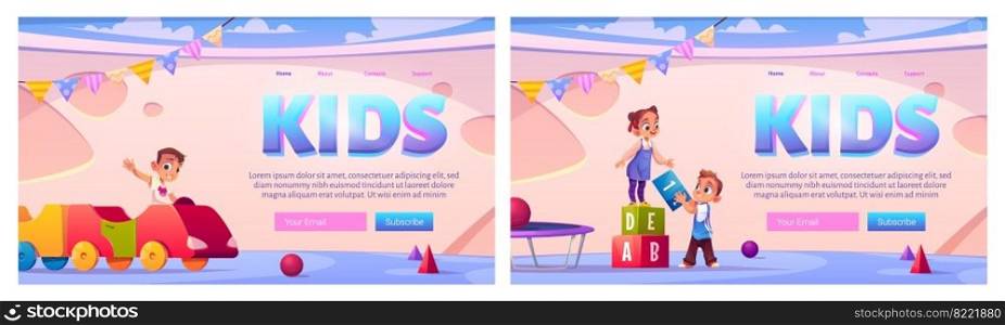 Kids in playroom cartoon landing pages, children have fun in indoors playground with toys, furniture and equipment for games wood train, cubes, tr&oline and balls for baby activity vector web banner. Kids in playroom cartoon landing, baby activity