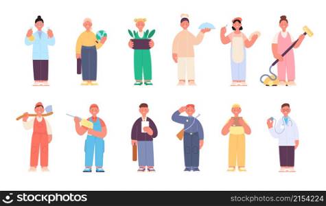 Kids in profession. Occupation children, professions different characters. Isolated young workers, cartoon kid in uniform utter vector set. Illustration of kids occupation, work children teacher. Kids in profession. Occupation children, professions different characters. Isolated young workers, cartoon kid in uniform utter vector set