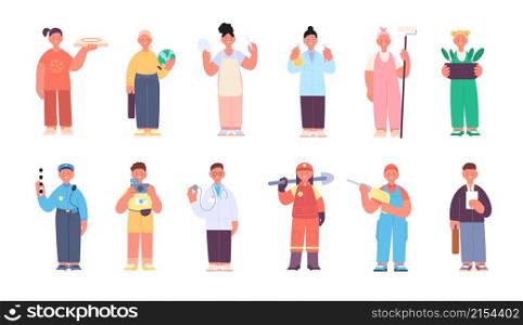 Kids in professional uniform. Cartoon cute kids professions, child occupation. Different toddler in costumes, isolated young workers vector set. Illustration of professional job and worker uniform. Kids in professional uniform. Cartoon cute kids professions, child occupation. Different toddler in costumes, isolated young workers utter vector set