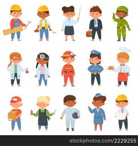 Kids in professional uniform. Children doing different job as builder, teacher, businessman, doctor and firefighter. Boys and girls choosing career. Characters employees isolated vector set. Kids in professional uniform. Children doing different job as builder, teacher, businessman, doctor and firefighter