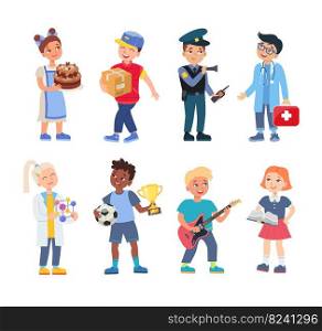 Kids in professional uniform set. Vector illustrations of children choosing future profession. Cartoon pastry chef postman policeman doctor scientist soccer musician isolated on white. Job concept. Kids in professional uniform set