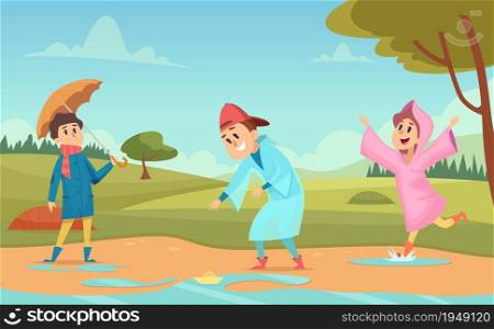 Kids in puddles. Seasonal background with happy peoples in raincoats and umbrellas raining environment cartoon vector illustration. Cartoon kids in raincoat with puddle water. Kids in puddles. Seasonal background with happy peoples in raincoats and umbrellas raining environment cartoon vector illustration