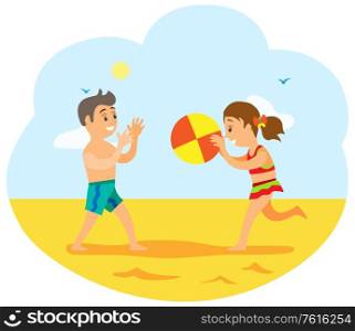 Kids in summer vector, vacations of children playing volleyball tossing ball to each other. Hot sand, childhood of boy and girl, brother and sister friends. Children on Beach, Kids Playing Volleyball Game