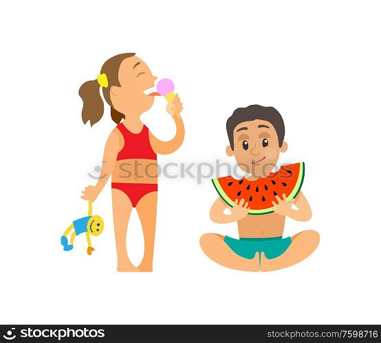 Kids in swimwear with snack, children summer at beach vector. Girl with ice cream and doll, boy with watermelon, isolated characters, recreation at seaside. Children Summer at Beach, Girl and Boy with Snack