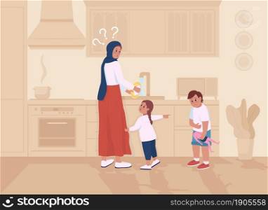 Kids in trouble with mom flat color vector illustration. Girl telling on brother. Sibling blaming another. Worried mother with children 2D cartoon characters with household interior on background. Kids in trouble with mom flat color vector illustration