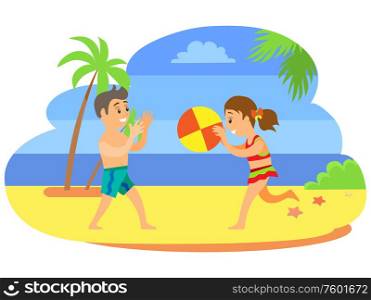 Kids in trunks and swimsuit, summertime and holidays on seaside isolated characters. Beach game, boy and girl throwing ball, children in swimwear vector. Kids in trunks playing ball, summertime holidays