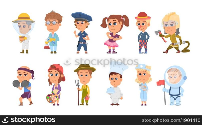 Kids in uniform. Children profession, isolated occupations characters. Cartoon girl artist, boy astronaut and scientist decent vector set. Illustration doctor and policeman, astronaut and scientist. Kids in uniform. Children profession, isolated different occupations characters. Cartoon girl artist, boy astronaut and scientist decent vector set