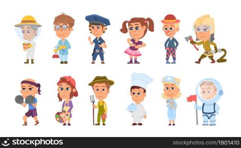 Kids in uniform. Children profession, isolated occupations characters. Cartoon girl artist, boy astronaut and scientist decent vector set. Illustration doctor and policeman, astronaut and scientist. Kids in uniform. Children profession, isolated different occupations characters. Cartoon girl artist, boy astronaut and scientist decent vector set
