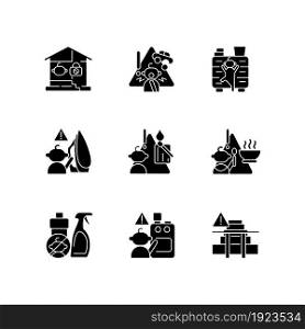 Kids injuries danger black glyph icons set on white space. Child safety at home. Prevent injuries and burns. Hazard situations for infants. Silhouette symbols. Vector isolated illustration. Kids injuries danger black glyph icons set on white space