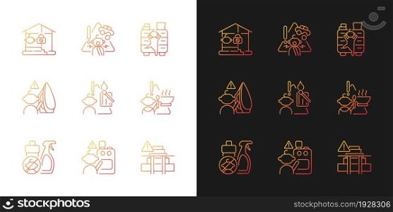 Kids injuries danger gradient icons set for dark and light mode. Child safety at home. Thin line contour symbols bundle. Isolated vector outline illustrations collection on black and white. Kids injuries danger gradient icons set for dark and light mode