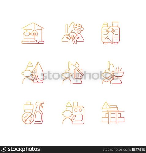 Kids injuries danger gradient linear vector icons set. Prevent injuries and burns. Hazard situations for infants. Thin line contour symbols bundle. Isolated outline illustrations collection. Kids injuries danger gradient linear vector icons set