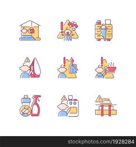 Kids injuries danger RGB color icons set. Child safety at home. Prevent injuries and burns. Hazard situations for infants. Isolated vector illustrations. Simple filled line drawings collection. Kids injuries danger RGB color icons set