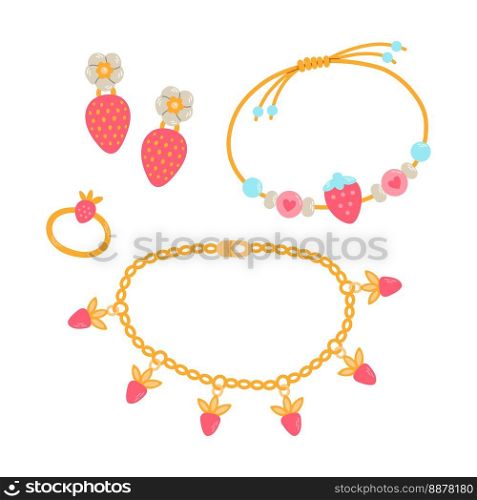 Kids jewelry. Cartoon drawing of strawberry jewelry for children isolated on white. Fashion, jewelry concept