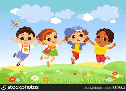 Kids jumping grass. Happy children having fun on nature, joyful boys and girls outdoor activity, little friends playing funny cheerful team vector concept. Kids jumping grass. Happy children having fun on nature, joyful boys and girls outdoor activity, little friends funny team, vector concept