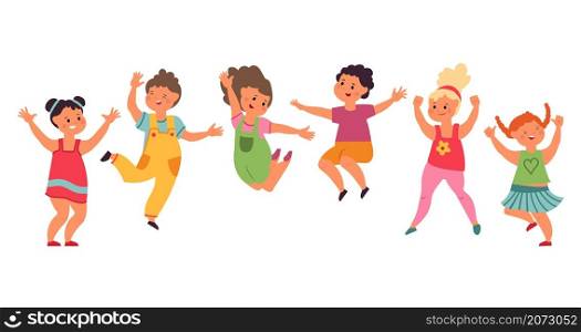 Kids jumping. Happy cartoon child, excited children jump together. Fun preschool boy girl, isolated friends playing laugh vector illustration. Happy boy and girl cartoon, friendship group. Kids jumping. Happy cartoon child, excited children jump together. Fun preschool boy girl, isolated friends playing laugh vector illustration