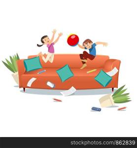 Kids jumping on the couch playing with a ball. Cartoon vector illustration isolated on white background. Family concept. Mischievous brother and sister having fun at home.