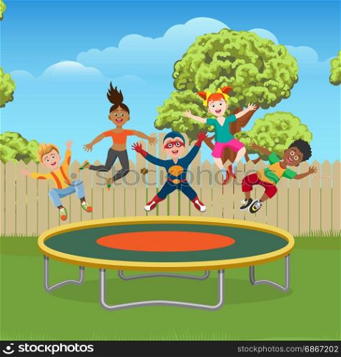 Kids jumping on trampoline in garden. Energetic and happy kids jumping on trampoline in the garden, vector ilustration