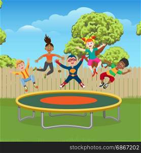 Kids jumping on trampoline in garden. Energetic and happy kids jumping on trampoline in the garden, vector ilustration