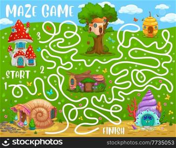 Kids labyrinth maze, cartoon beehive, oak and snail, vector stump and mushroom or seashell houses. Kids tabletop riddle or find way labyrinth puzzle with dwarf, gnome or fairy elf homes and sea shells. Kids labyrinth maze, cartoon beehive, oak, snail