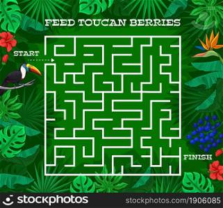Kids labyrinth maze game, cartoon toucan bird in jungle leaves, vector tabletop riddle. Kids board game or find way puzzle, labyrinth maze with tropical toucan in jungle palms and topical flowers. Kids labyrinth maze game, cartoon toucan in jungle