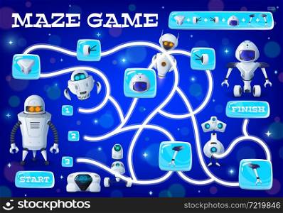 Kids labyrinth maze game create robot from spare parts. Vector step riddle with clue and cartoon androids or droids elements. Boardgame with artificial intelligence characters for children education. Kids labyrinth game create robot from spare parts