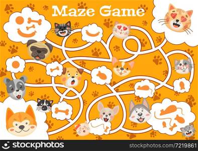 Kids labyrinth maze game dogs and cats, puppies and kittens. Vector boardgame with tangled path and cartoon pets characters, bones and fish snack. Educational children riddle, preschool activity task. Kids labyrinth maze game dogs and cats boardgame