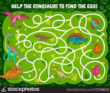 Kids labyrinth maze help dinosaur find the egg. Cartoon vector game with funny reptiles in tangled path. Educational puzzle for children with cute dino characters, riddle with prehistoric animals. Kids labyrinth maze help dinosaur find the egg