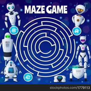 Kids labyrinth maze with robots and androids, vector board game. Find way maze labyrinth or escape puzzle riddle with cartoon android robots, chatbot cyborgs and drone quadcopters. Kids labyrinth maze with robots and androids, game