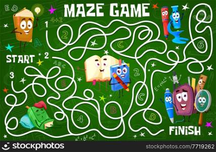 Kids labyrinth maze with school books, science formulas and education stationery characters. Child playing activity with finding way task, cartoon vector children maze labyrinth game, riddle or quiz. Kids labyrinth maze with funny book and stationery