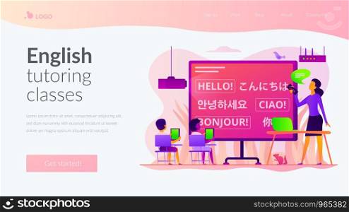 Kids learn languages in digital classroom with tablets, tiny people. Foreign languages lesson, digital lingophone room, English tutoring classes concept. Website homepage header landing web page template.. Foreign languages landing page template.