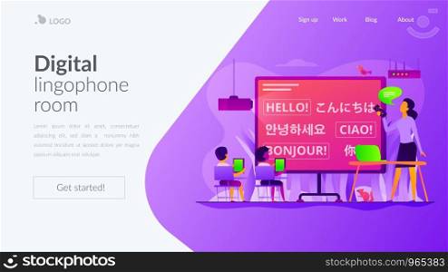 Kids learn languages in digital classroom with tablets, tiny people. Foreign languages lesson, digital lingophone room, English tutoring classes concept. Website homepage header landing web page template.. Foreign languages landing page template.