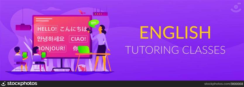 Kids learn languages in digital classroom with tablets, tiny people. Foreign languages lesson, digital lingophone room, English tutoring classes concept. Header or footer banner template with copy space.. Foreign languages web banner concept..