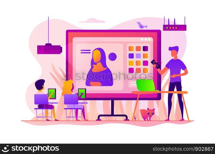 Kids learning to paint on tablets in classroom and teacher with laptop, tiny people. Art lessons, digital art studio, art education for kids concept. Vector isolated concept creative illustration.. Art lessons concept vector illustration.