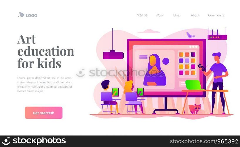Kids learning to paint on tablets in classroom and teacher with laptop, tiny people. Art lessons, digital art studio, art education for kids concept. Website homepage header landing web page template.. Art lessons landing page template.