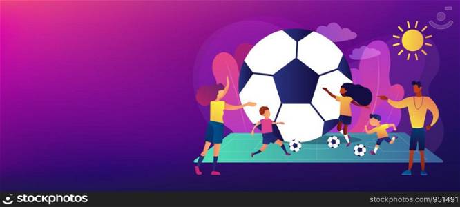 Kids learning to play soccer with balls on the field in summer camp, tiny people. Soccer camp, football academy, kids soccer school concept. Header or footer banner template with copy space.. Soccer camp concept banner header.