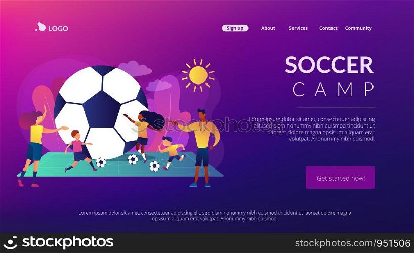Kids learning to play soccer with balls on the field in summer camp, tiny people. Soccer camp, football academy, kids soccer school concept. Website homepage landing web page template.. Soccer camp concept landing page.