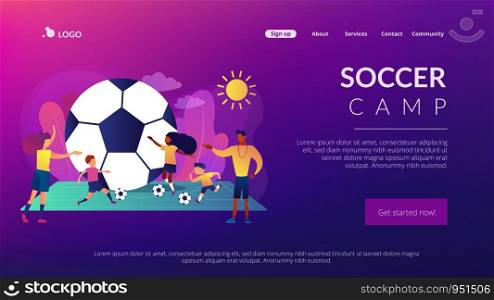 Kids learning to play soccer with balls on the field in summer camp, tiny people. Soccer camp, football academy, kids soccer school concept. Website homepage landing web page template.. Soccer camp concept landing page.