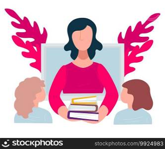 Kids listening to teacher holding books, education and obtaining knowledge in school. Daycare for preschoolers and tutor with assignments and homework. Decorative foliage vector in flat style. Teacher and students in school, education in institution